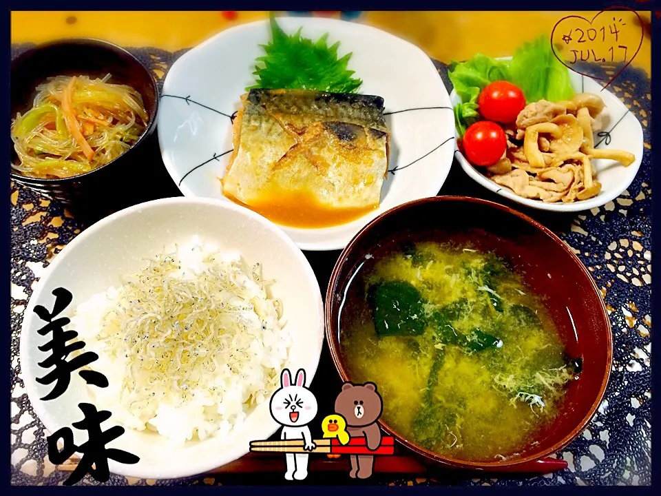 さばの味噌煮、中華春雨サラダ、豚肉としめじのポン酢炒め、ちりめんご飯、ほうれん草お吸い物|✰︎miyu✰︎さん