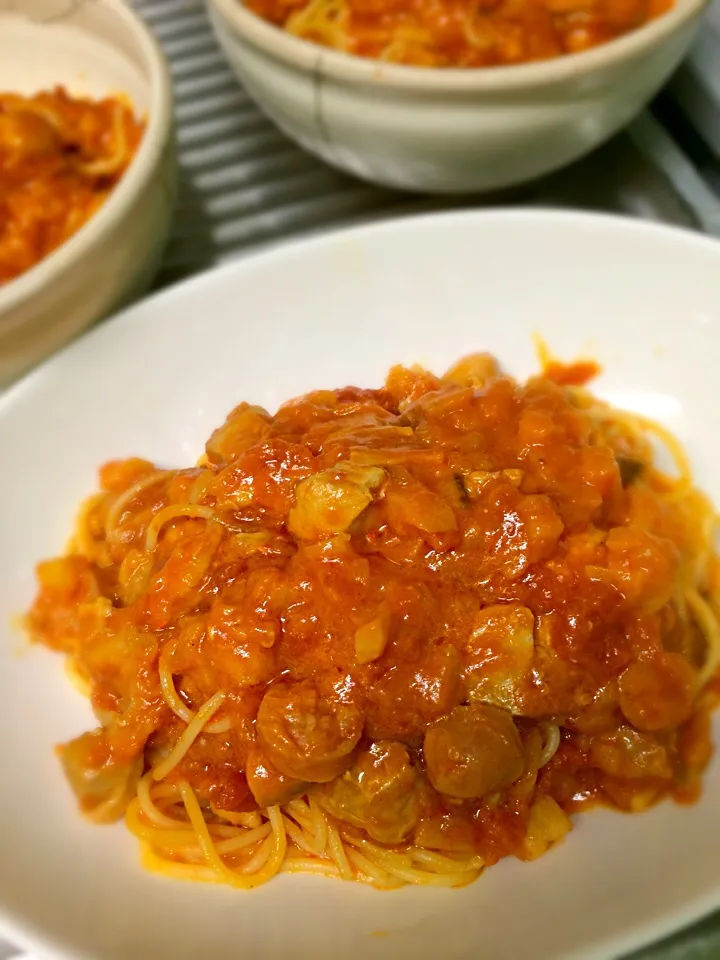 チキンとエビと野菜のトマトソースパスタ|まさひろさん