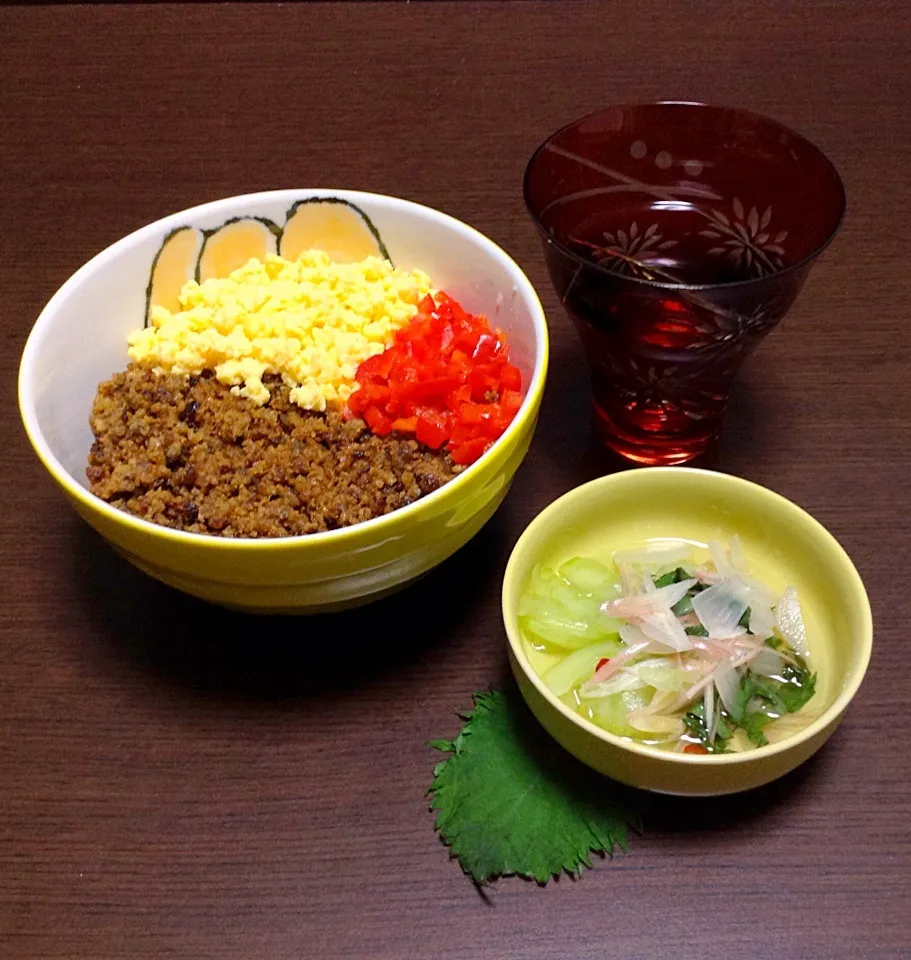 Snapdishの料理写真:Ｙuuka先生のそぼろ丼+Asami先生の酢の物を参考にさせていただきました料理+🍎リンゴ酢ジュース|浦島太郎さん