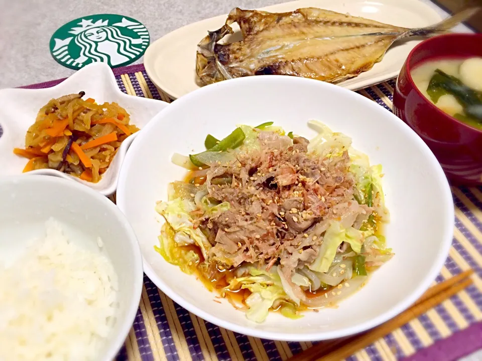 豚肉のさっぱりポン酢♡切り干し大根♡アジの干物♡お味噌汁♡|miyuさん