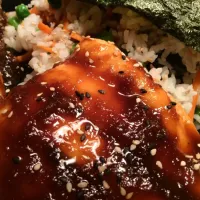 Snapdishの料理写真:Teriyaki Glazed Salmon w/Sweet Pea Carrot Sesame rice Nori Tian|ciaFRYguyさん