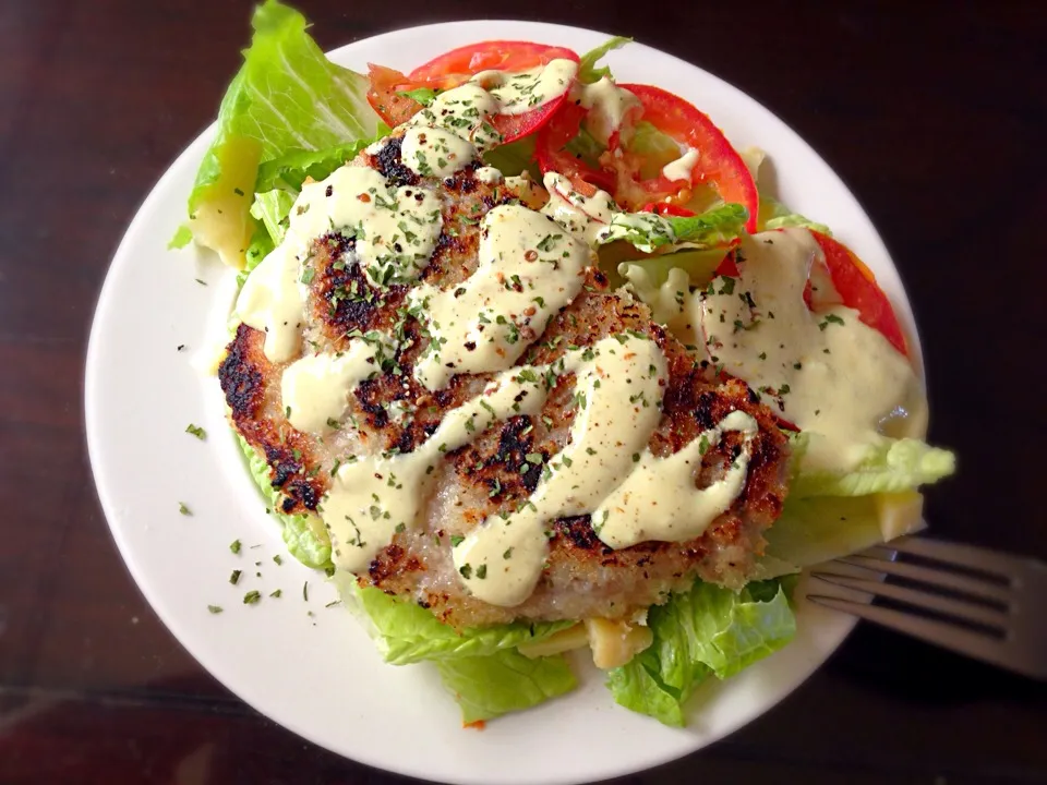 Pork steak salad with mustard yogurt sauce🐖🌻|Nonononoさん