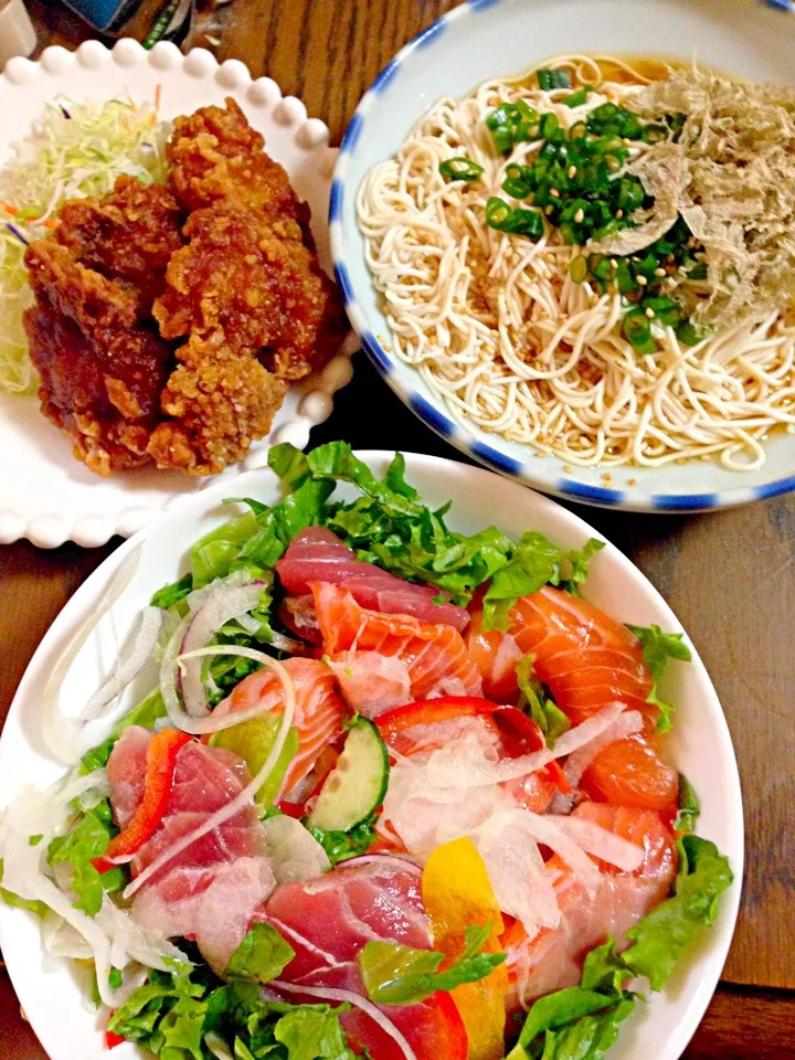 今日のツマミ…海鮮サラダ、豆腐ソーメン、唐揚げ|めぐさん