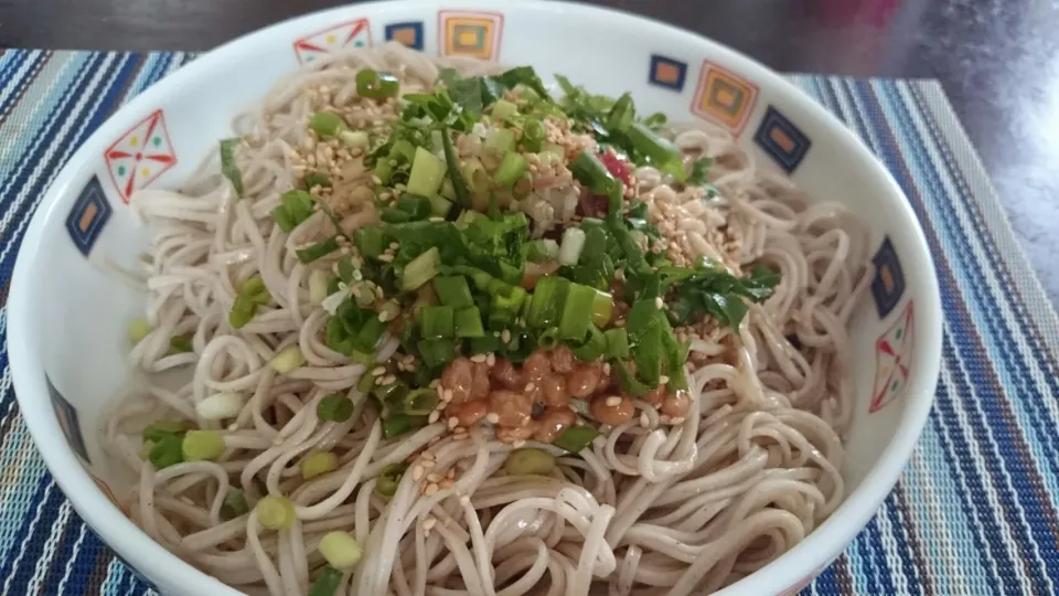 お昼に作った納豆と練り梅蕎麦。
ミョウガに万能ネギに大葉もマブしてサッパリつるつるいただきました。
湿度の高い今日はこんなのが食欲湧かせます！|SATOSHI OOCHIさん