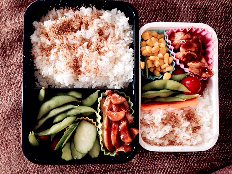 Snapdishの料理写真:Bento: bbq chicken, edamame, cucumber, corn, tomato and rice topped with ground sesame|Kirsten Adachiさん