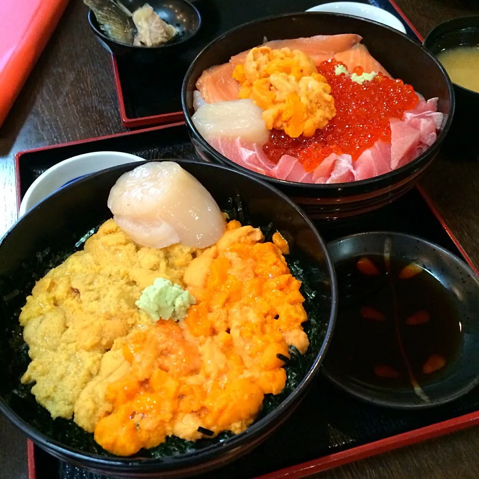 うにうに丼に生ほたて。
おすすめ丼にばふんうに（＾∇＾）
混んでいたけど、店員さんテキパキでよかったよ。|しーさん