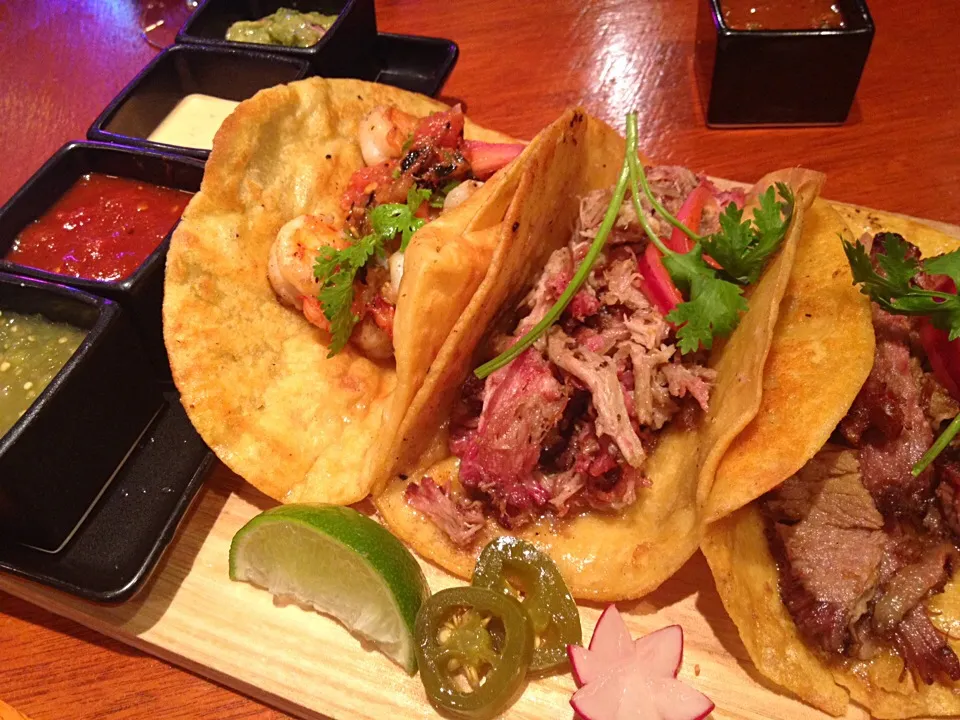 Snapdishの料理写真:Shrimp, Pork and Beef Corn Tacos|Chris Shannonさん