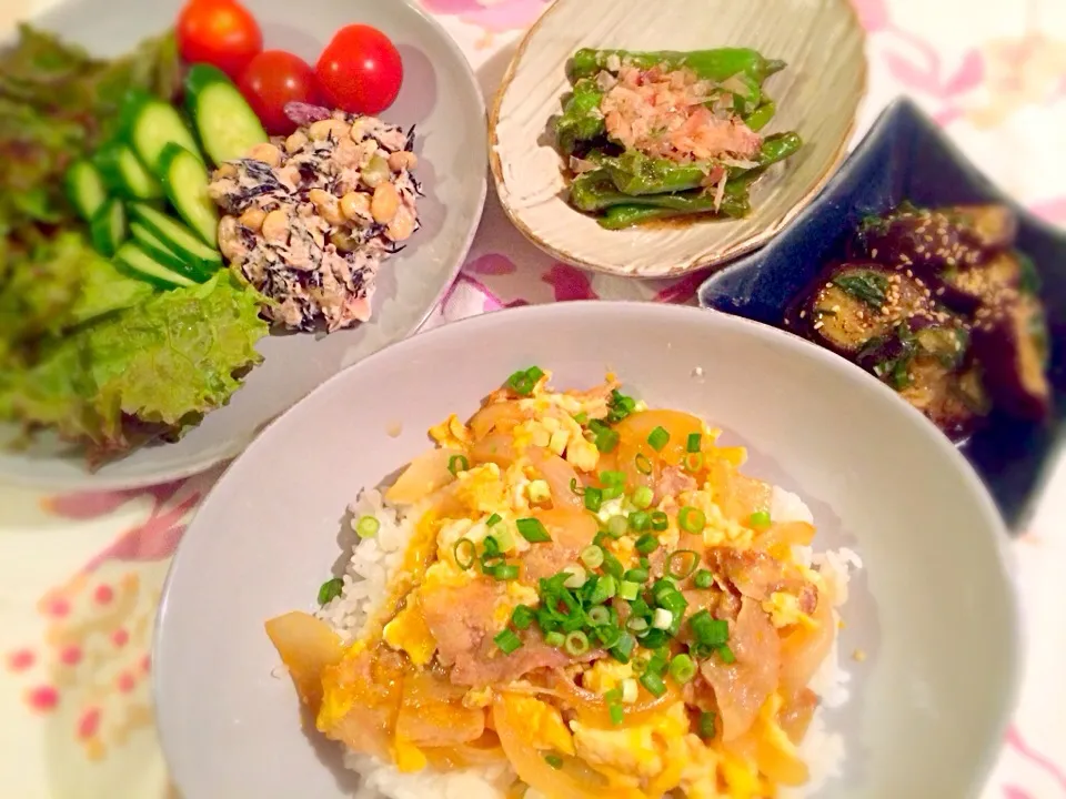 豚丼、豆とひじきのサラダ、ししとうの揚げ浸し、茄子のしそマリネ|くまもん隊2さん