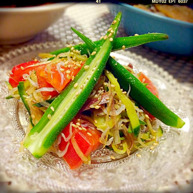 おかなさんの料理 お箸が止まらない( •ॢ◡-ॢ)-♡オクラみょうがきゅうりトマトのごま油和え♪