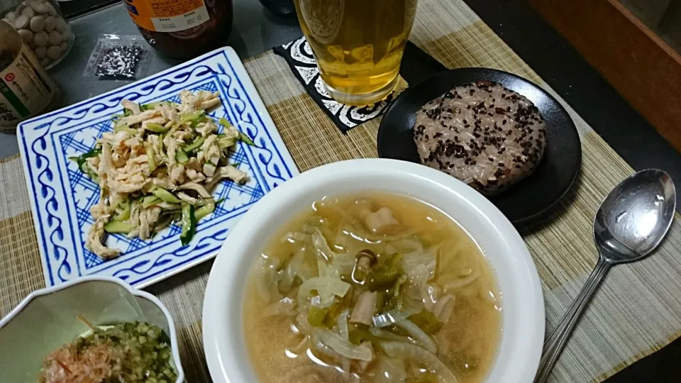 鳥笹身と胡瓜＆駄々茶豆豆腐＆野菜スープ＆お赤飯|まぐろさん