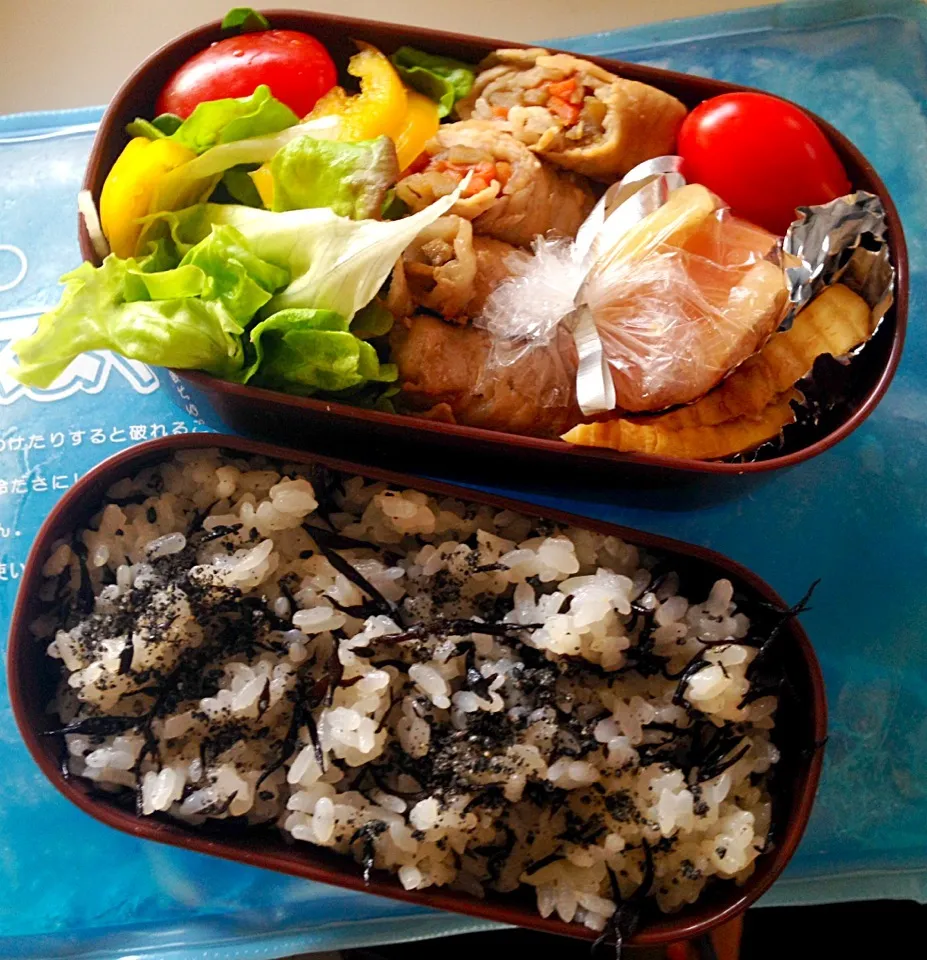 娘の弁当 ひじき寿司ごはん きんぴら肉巻き 筍煮物 サラダ りんご甘煮 0416|まった ゆうゆうさん