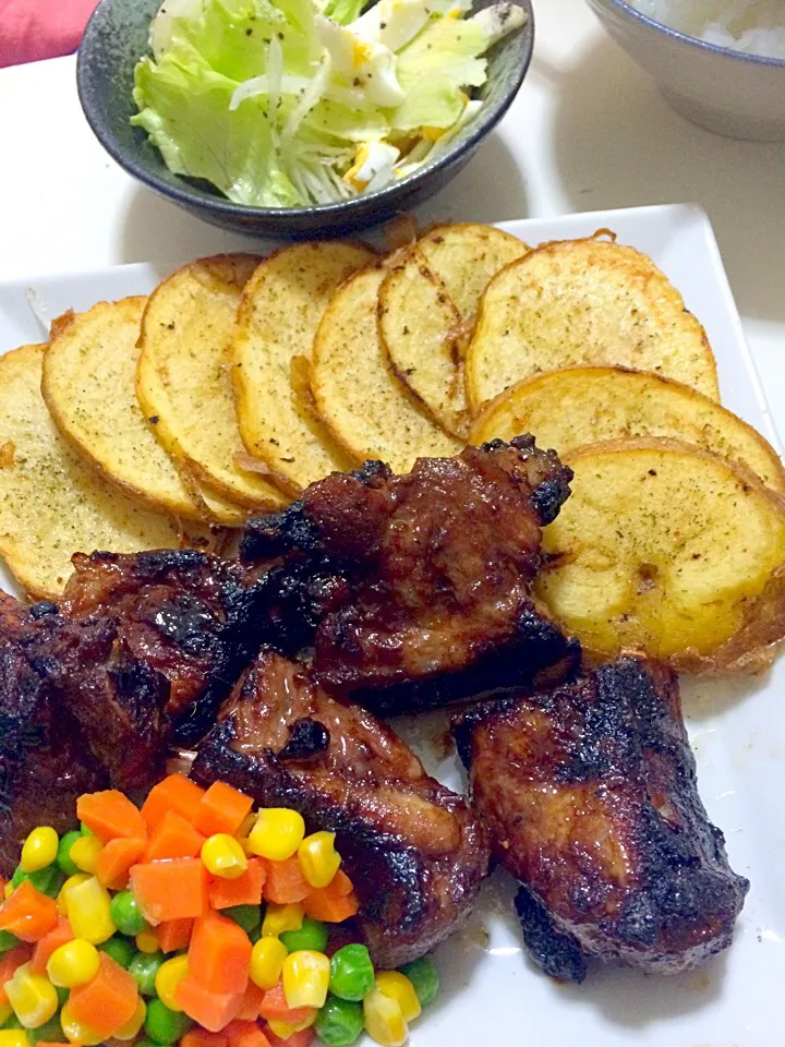 Spareribs BBQ #veg.salad#friedpotatoes🍴😋|MJ🇵🇭🇯🇵さん