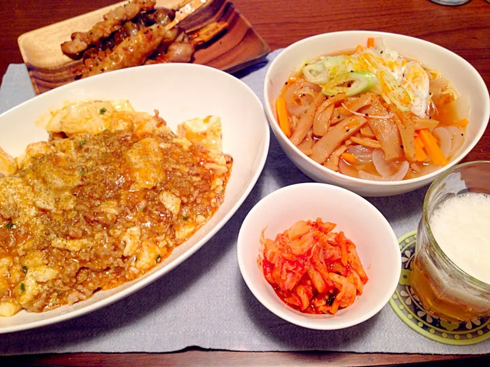 山椒たっぷり麻婆豆腐＊醤油ラーメン＊焼き鳥盛り(^o^)|basilさん