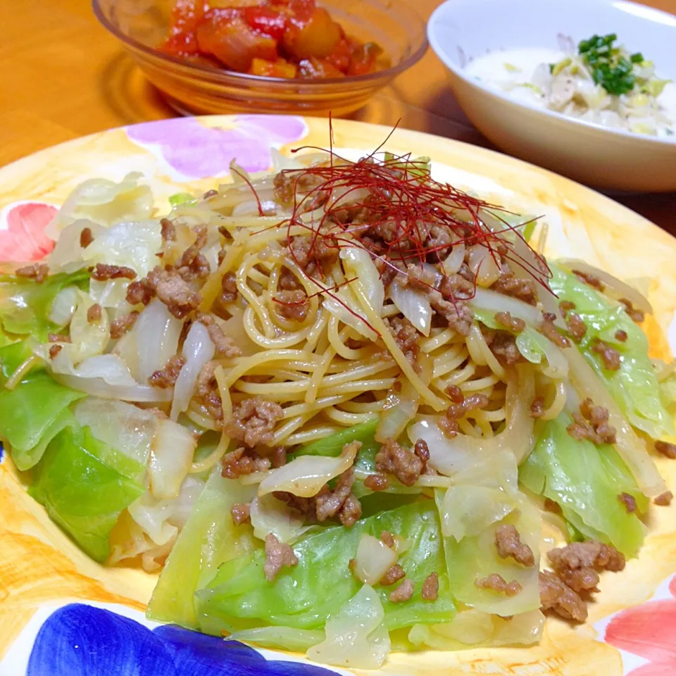 キャベツと挽肉のピリ辛和風スパゲティ|カウンター嬢さん