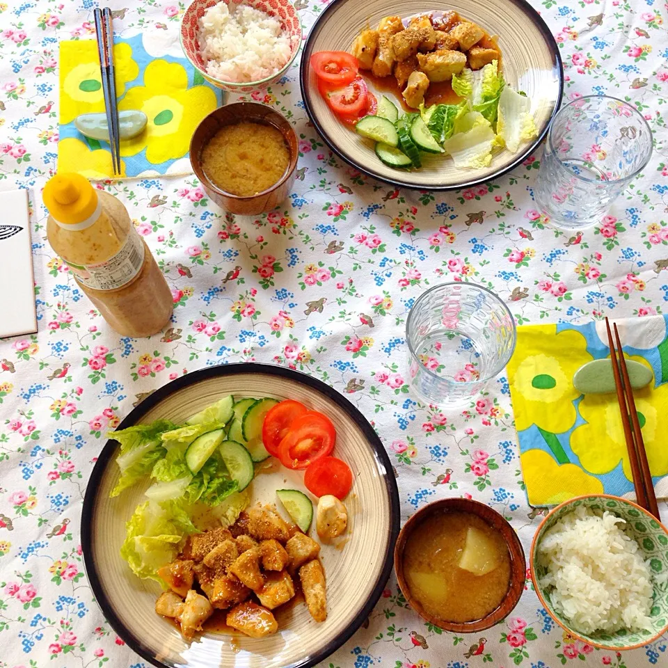 鶏のレモン甘辛炒めとしわゃがいもと玉ねぎのお味噌汁|Shioringさん