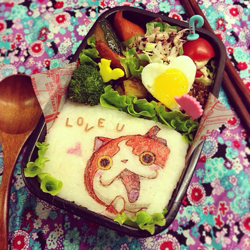 Yokaiwatch Jibanyan ⭐️ Stir-fried sausage & cucumber lunch box 妖怪ウォッチ ジバニャン⭐️ソーセージと胡瓜の生姜炒めキャラ弁当|Yuka Nakataさん