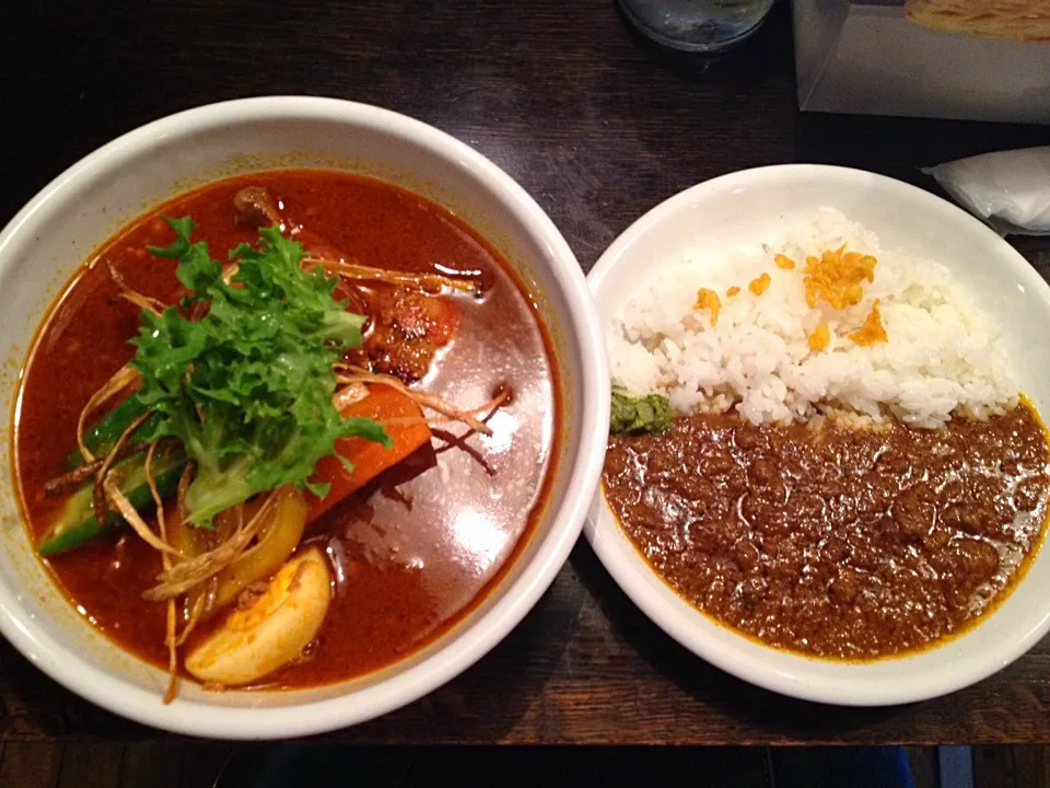 Snapdishの料理写真:gopのアナグラ チキンと野菜50番gop醬 ラムキーマとほうれん草のカレーハーフライストッピング|カウンター嬢さん