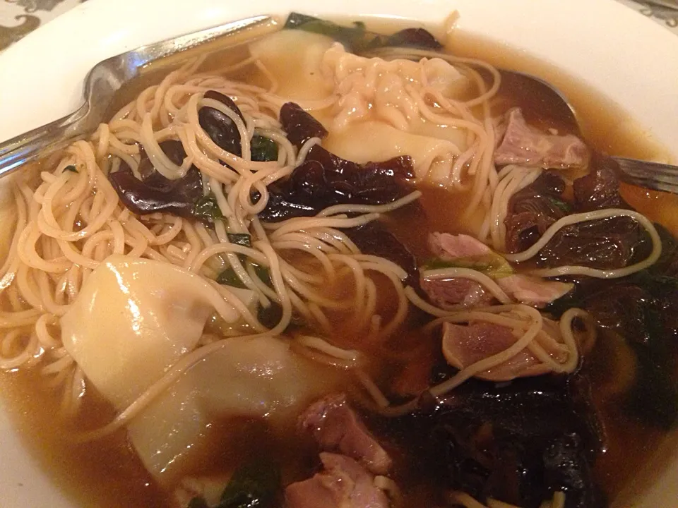 Snapdishの料理写真:Homemade Chinese chicken soup with black ear mushrooms, homemade pot wontons, shrimp egg noodles and chicken|Miriam Hughesさん