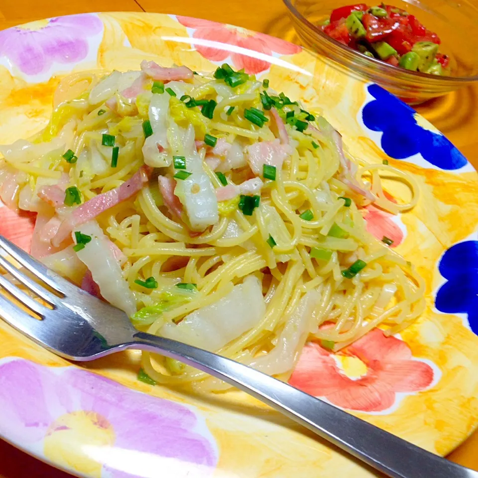 白菜とベーコンの柚子胡椒ペペロンチーノスパゲティ|カウンター嬢さん