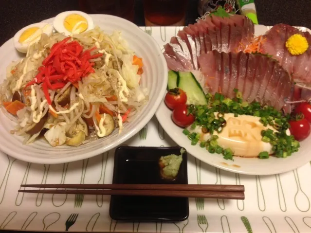 茄子とモヤシの麺つゆサラダ、ゆで卵、ワカナのお刺身、男奴、ミニトマト🍅！꒰✩'ω`ૢ✩꒱✨|サソリさん