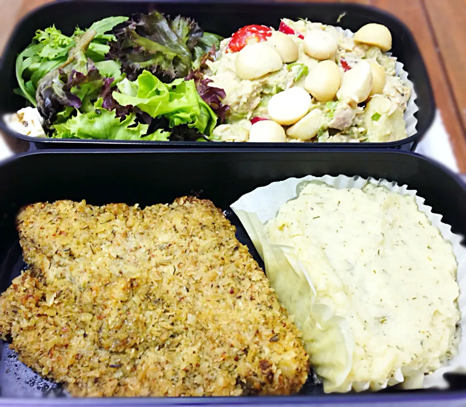 Snapdishの料理写真:Today's bento - basil pesto crusted chicken, mashed cauliflower, tuna apple salad|coxiella24さん