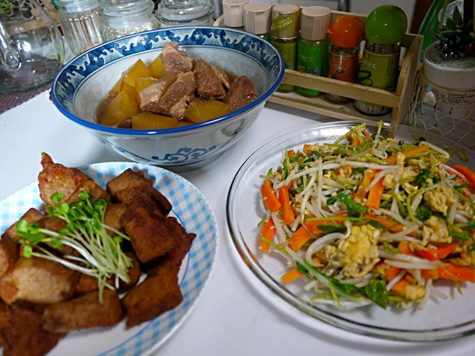 とろふわ角煮   本鮪の竜田あげ  ささげ菜ともやしの玉子炒め|石川洋子さん