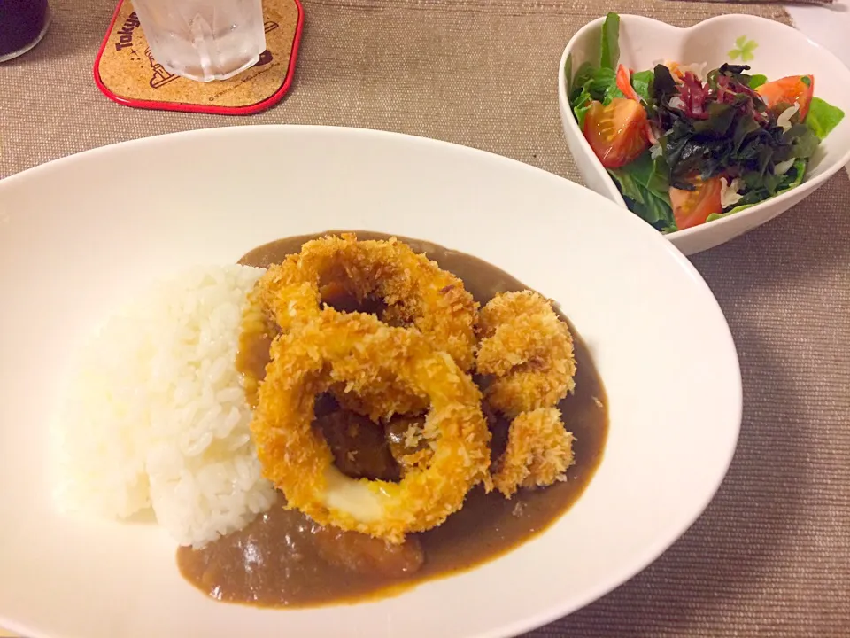 Snapdishの料理写真:カレー、イカリング、エビフライ|なつみさん