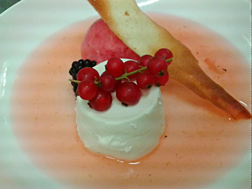 Snapdishの料理写真:essences of rose panna cotta strawberry consumme watermelon and vodka sorbet|noelさん