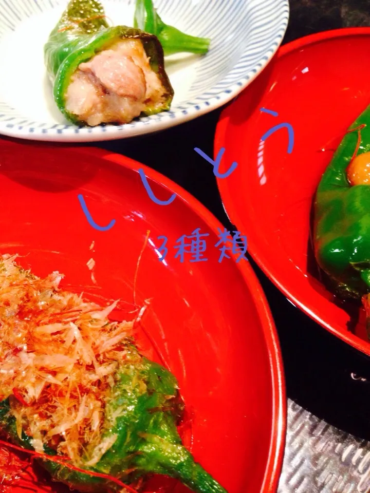 Snapdishの料理写真:地場鎌倉ししとう3種類！素揚げ梅紫蘇！煮浸し！肉詰め！|秋山明子さん