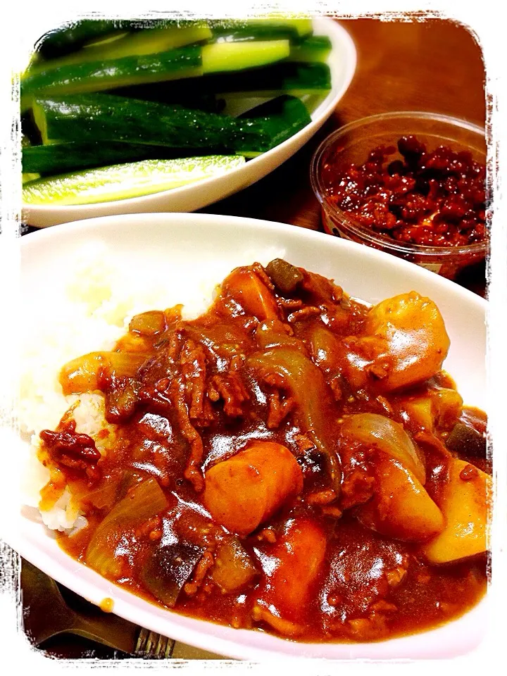 夏野菜カレー&冷やし胡瓜+金山寺味噌|パンダ母さん🐼さん