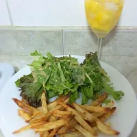 Snapdishの料理写真:Oven-baked peri-peri fries with greens and a glass of wine cooler|Elaine Gohさん