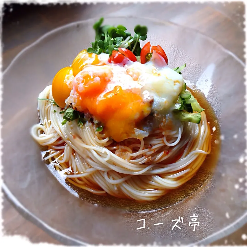 Snapdishの料理写真:お野菜たっぷり【温玉のっせぶっかけ】|koji toyodaさん