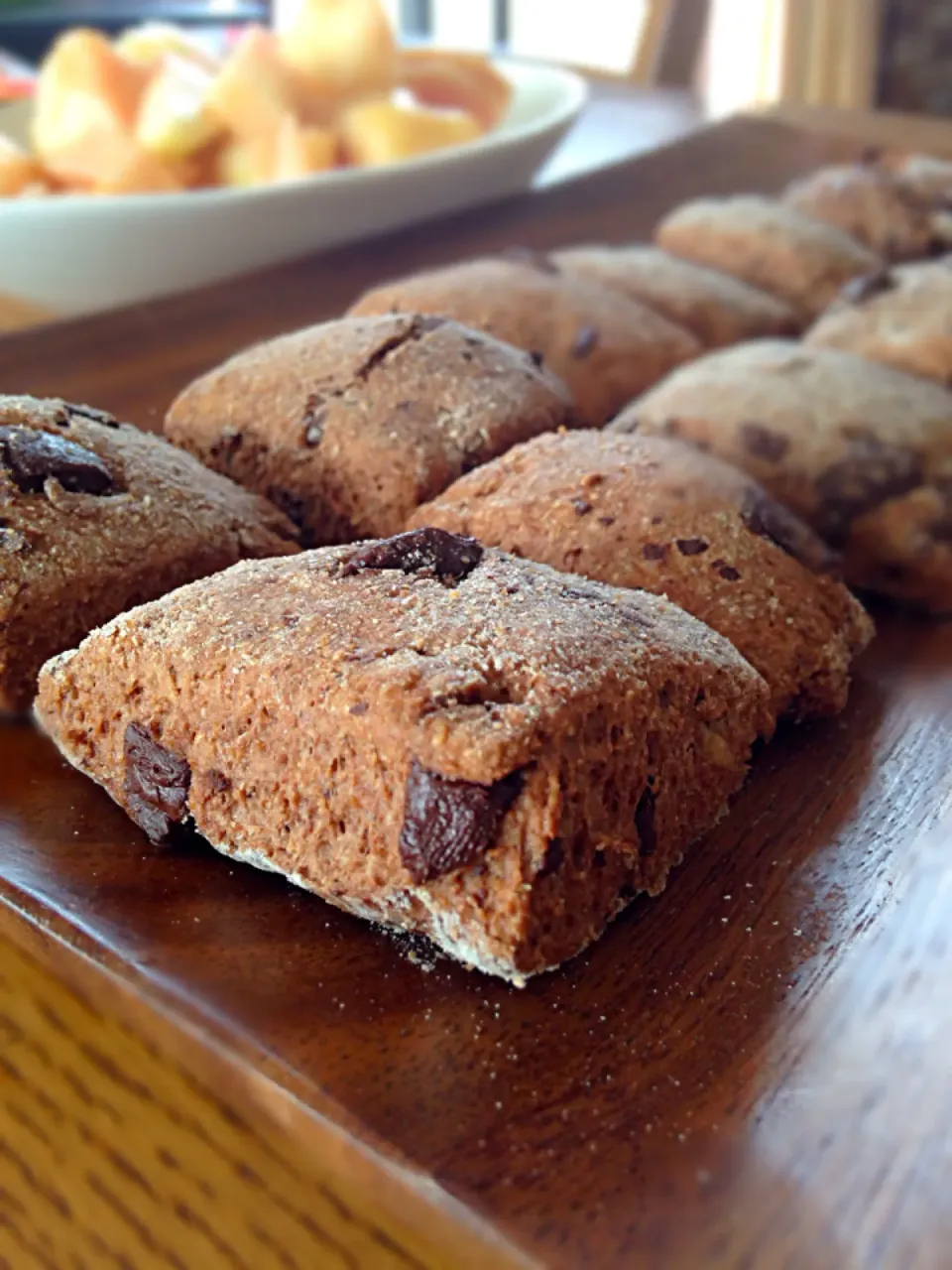 Snapdishの料理写真:Wholewheat  Choco chip scones                                                                        全粒粉チョコチップスコーン|Yuriさん