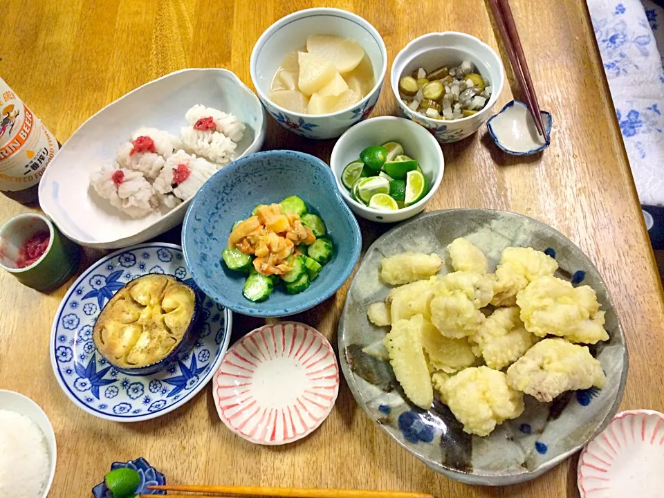 Snapdishの料理写真:鱧の落とし、賀茂茄子の焼き物胡麻山椒風味、ホヤと胡瓜の酢橘風味、新生姜と鱧の天麩羅|Hiromichi  Inudukaさん