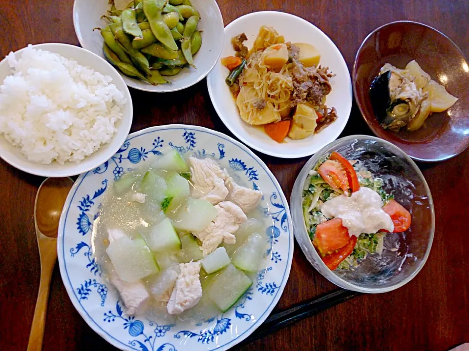 今日の夕飯。ぶり大根、肉じゃが、冬瓜と笹身の煮物、ゴーヤ玉ねぎツナサラダ、枝豆など|やよさん