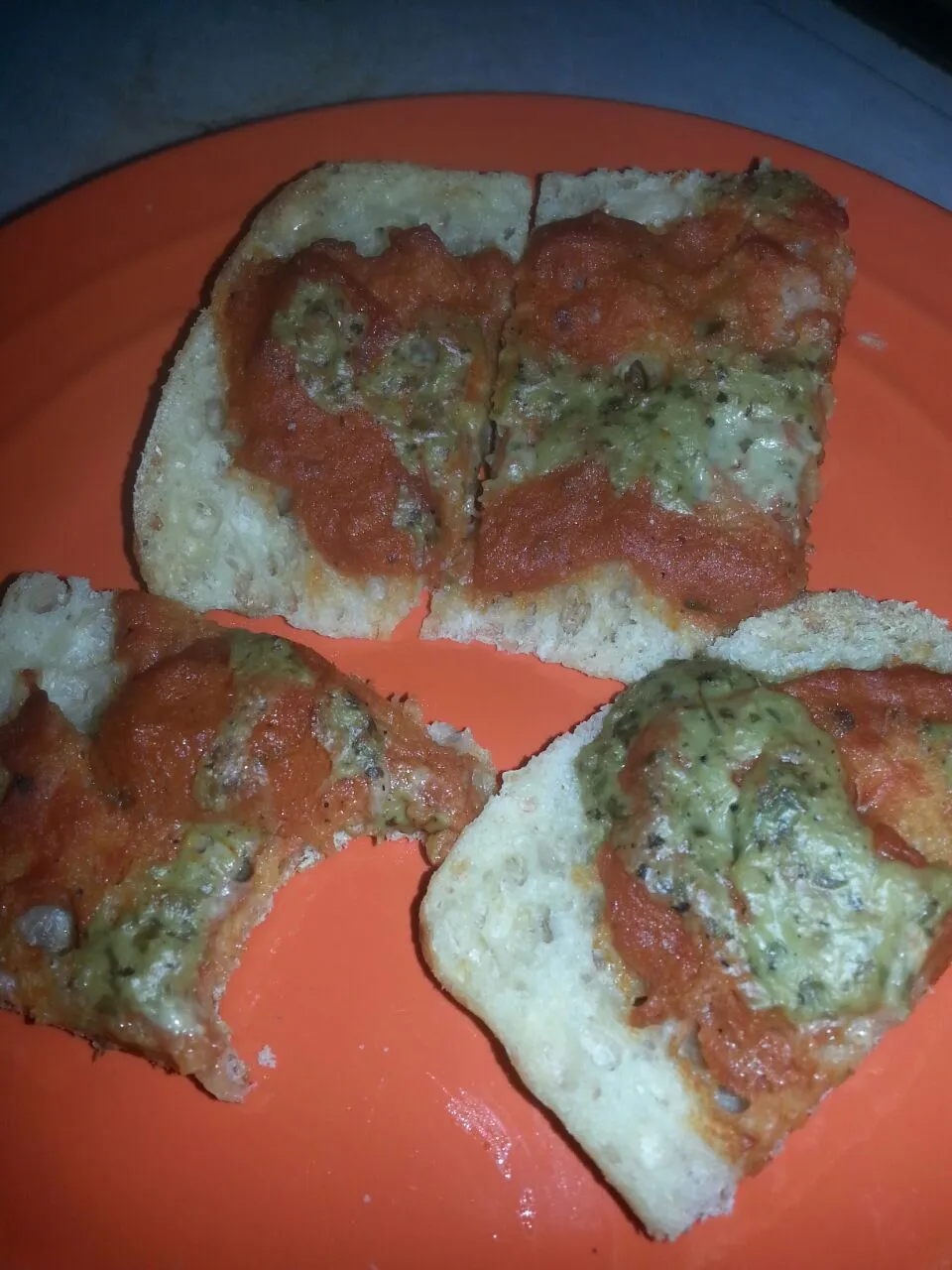 my version.  onion chibatta with red vodka sauce,  creamy pesto sauce.|Polly Gelfusoさん