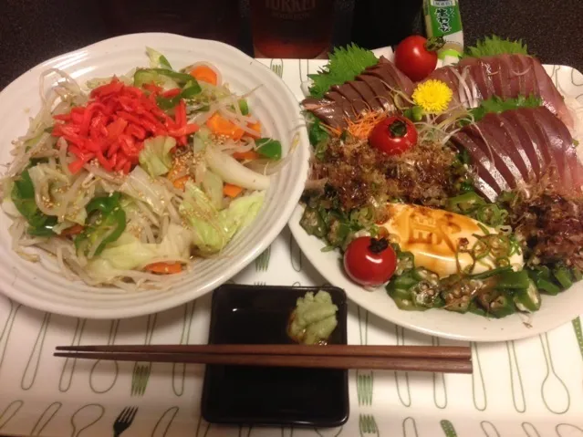 モヤポン野菜炒め、ハマチのお刺身、刻みオクラ、男奴、ミニトマト🍅！꒰✩'ω`ૢ✩꒱本|サソリさん