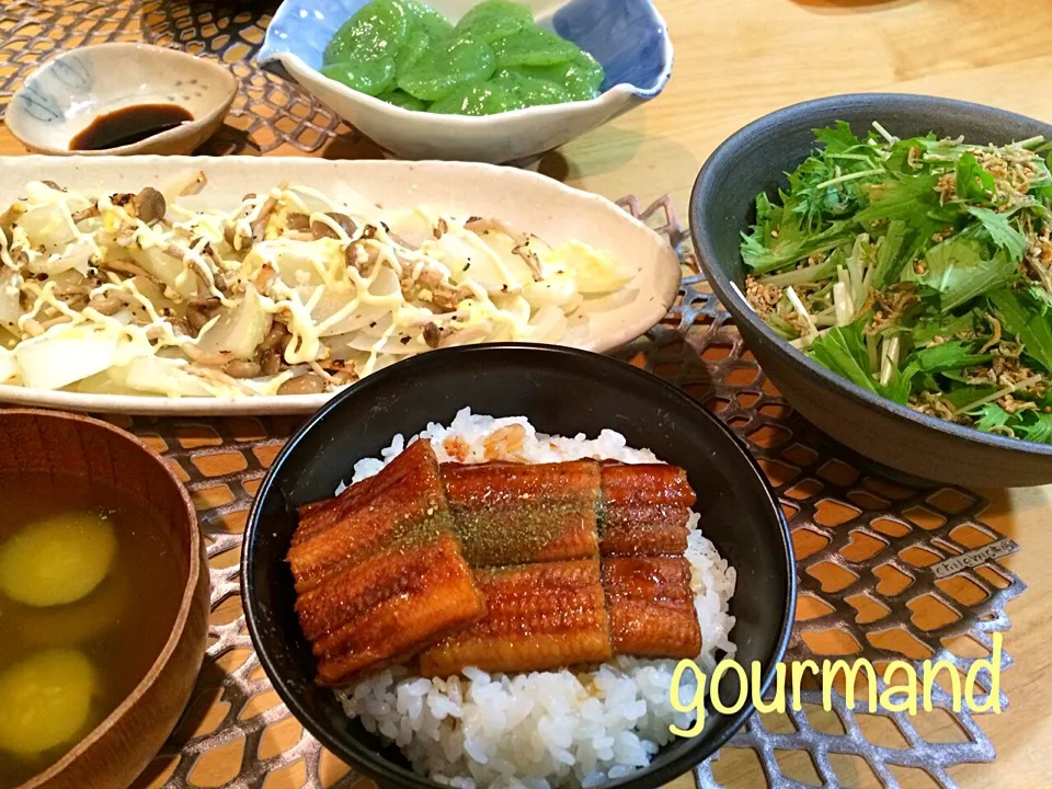 鰻丼、淡路玉ねぎのグリル焼き  などの夜ごはん♪|プーティさん