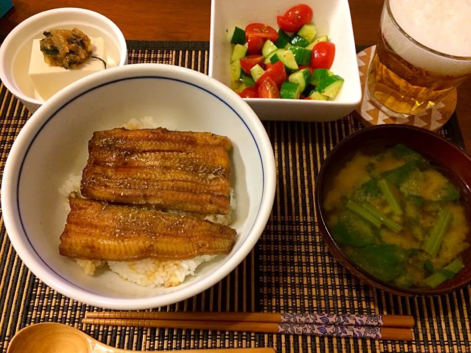 鰻  冷奴〜大葉味噌のせ  小松菜のお味噌汁 トマトときゅうりのサラダ|haseseさん