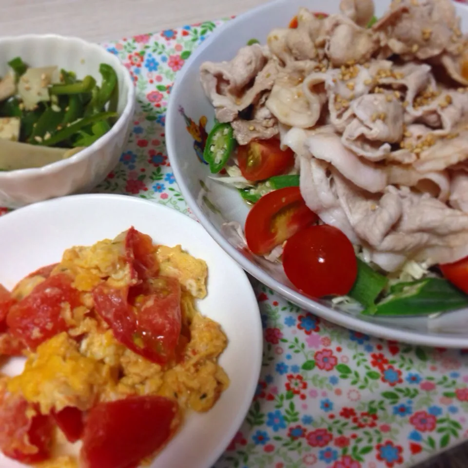 夏野菜料理♡豚しゃぶサラダとトマトの炒め物とピーマンとエリンギの和え物 #冷しゃぶ #冷しゃぶサラダ|よんさん