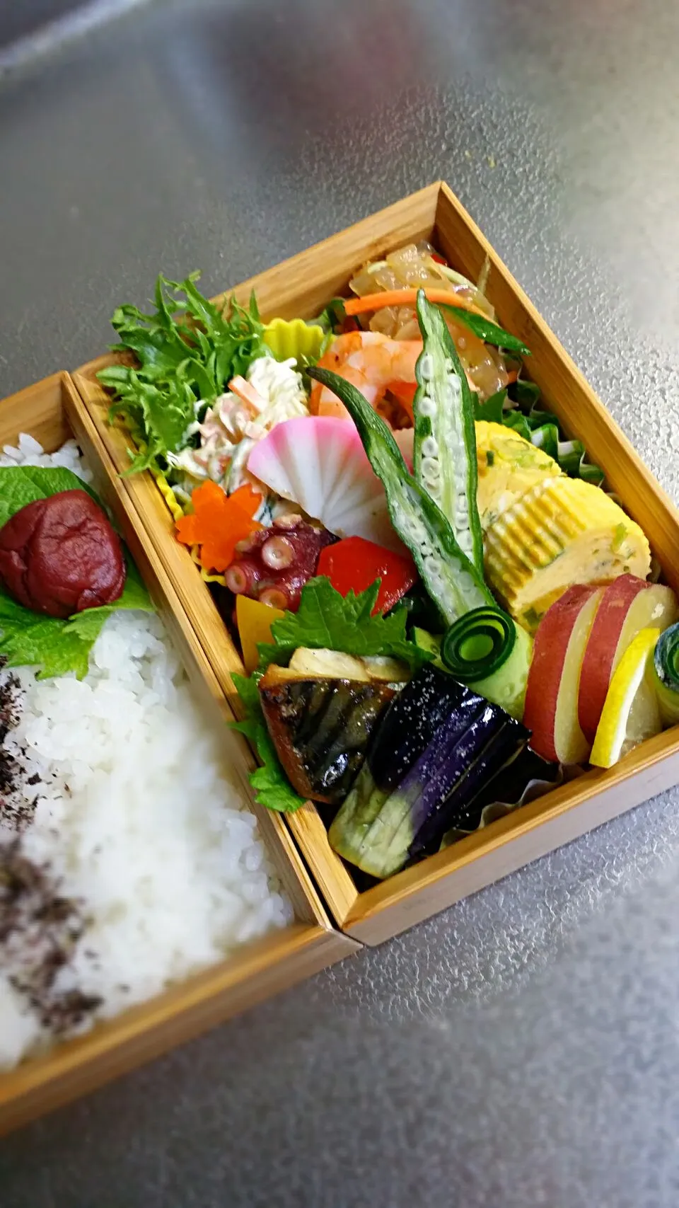 《水曜日のお弁当》🍱

・タコ、3色ピーマンのバジルソティー
・クラゲの中華風ごま油和え
・鯖焼き
・ねぎ入りだし巻き卵
・春雨マヨサラダ
・さつま芋の蜂蜜塩レモン煮
・素揚げなす塩味

行ってらっしゃ〜い♡|藤田 まり子さん