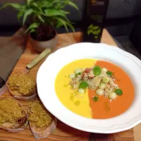 2Colour gazpacho/crab roe served on toast