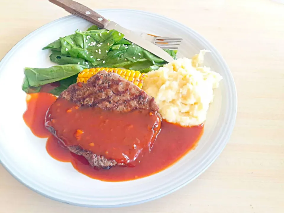 tenderloin steak with mashed potatoes, baked corn and vegie #steak #mainfood|Anna M Lieさん