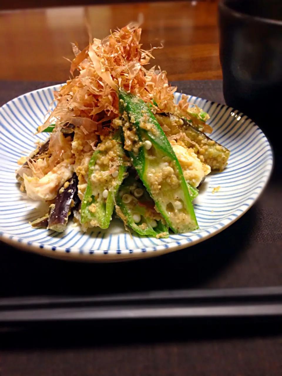 オクラと茄子と蒸し鶏の胡麻和え|あいさん