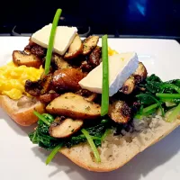 Snapdishの料理写真:Open sandwich with garlic mushrooms, spinach & scrambled eggs on olive ciabatta topped with brie|Kathy Lim-Smallさん