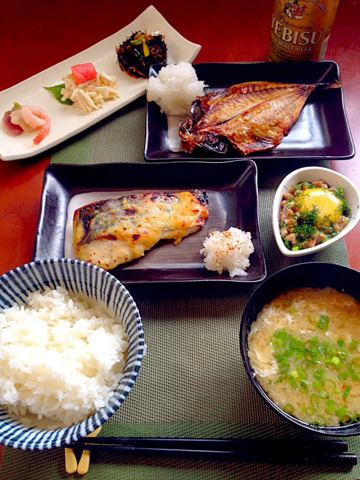 Today's Dinner🍴前菜･納豆･鰆の西京味噌漬け&鯵の干物･葱のお味噌汁|🌈Ami🍻さん