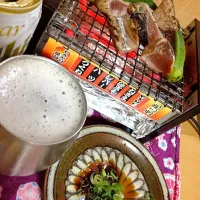 Snapdishの料理写真:鰹のたたきやら、オクラやら、、、あるもん焼き(^^)|ハルさん