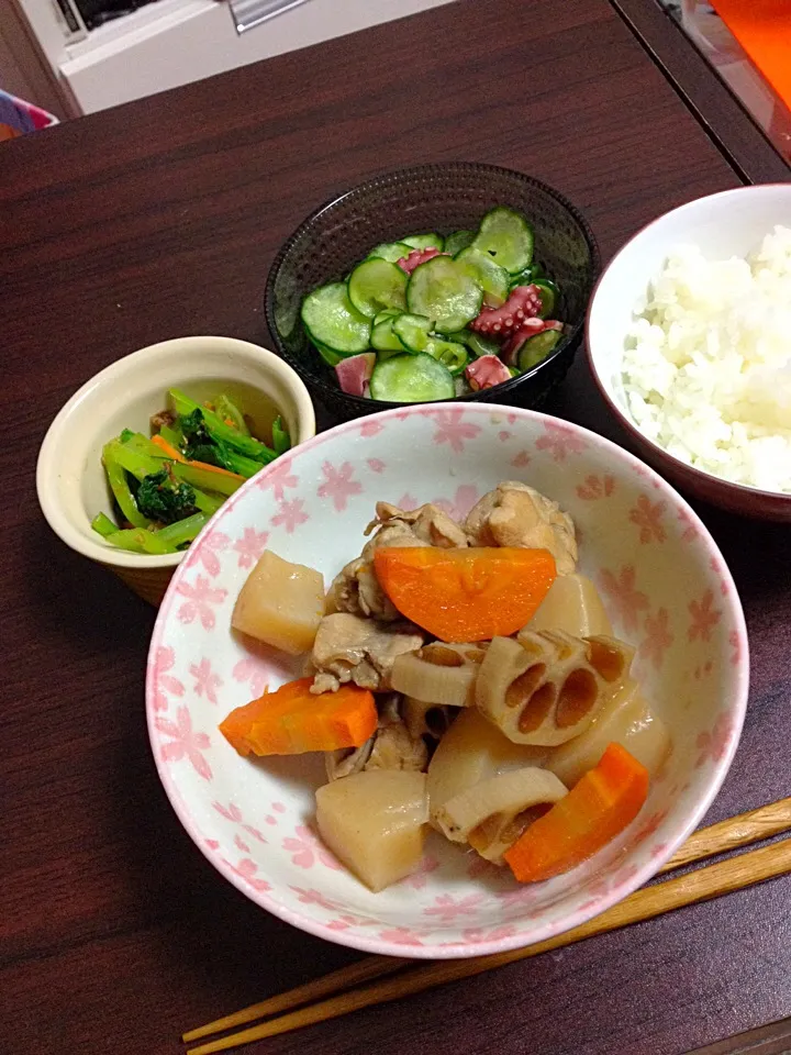 筑前煮、小松菜のおひたし、蛸酢|だるころさん