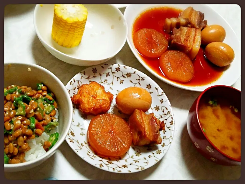 豚の角煮♪納豆うめオクラ丼♪|しずかちゃんさん