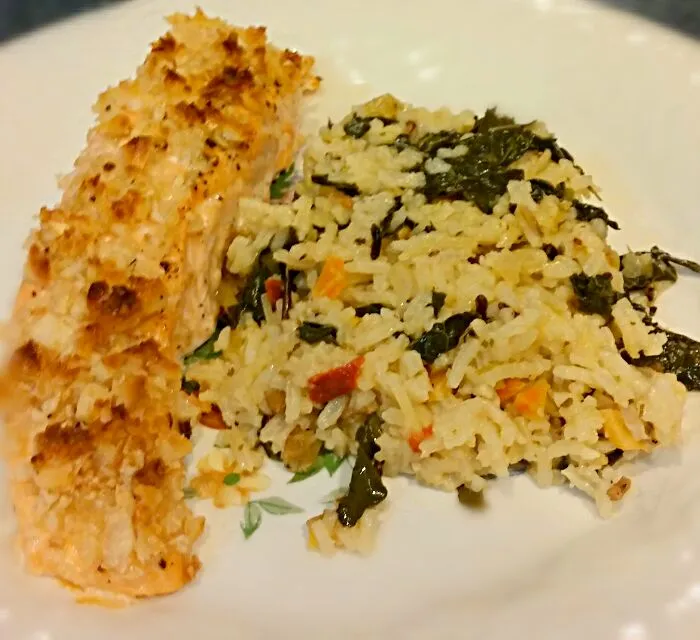 macadamia crusted salmon & wild rice with kale and ginger|Jiraphon Gさん